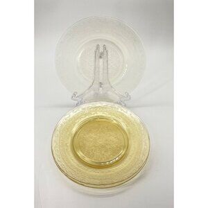 Vtg Set of 4 Macbeth Evans Yellow Depression Glass Stippled Rose Band 8" Plates